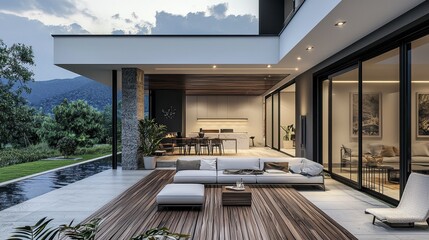 Fototapeta premium Modern Stylish Outdoor Living Space with Swimming Pool and Scenic View