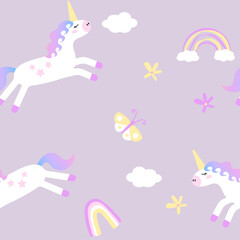 Obraz premium Cute children's seamless pattern with unicorn, rainbow, flowers on purple background. Hand drawn vector in doodle style. For children's print, pattern, greeting cards, poster, clothing, textiles.