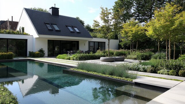 Modern House with Elegant Garden and Reflective Swimming Pool