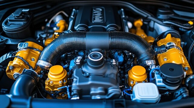 High-performance car engine bay.  Detailed close-up view of a modified engine with a black and yellow color scheme.  Engine components, intake, and exhaust are visible