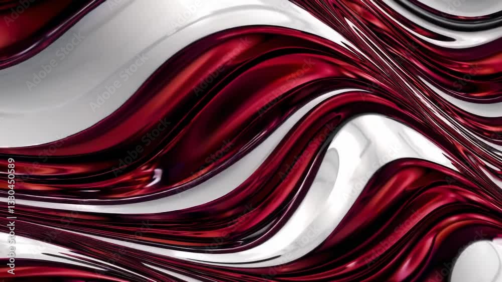 Wall mural a dynamic liquid metallic red and silver abstract texture with reflective, smooth waves and high-con