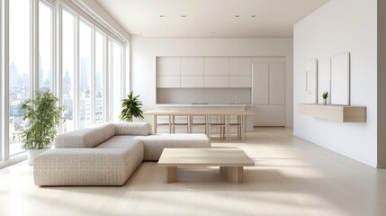 A modern minimalist living room and kitchen with soft white walls and light-colored wood floors