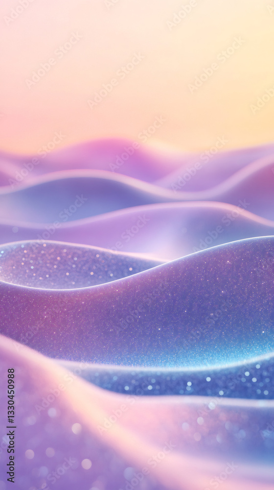 Aufkleber soft pastel curves merging with shimmering particles, forming dreamy abstract landscape revealing de
