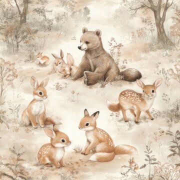 Fototapeta Woodland animals in a light beige forest scene