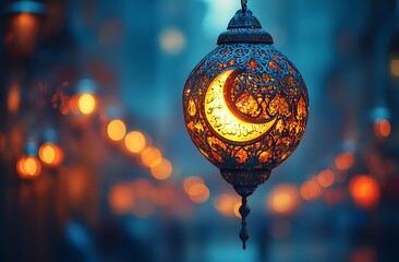 Ornate Lantern with Crescent Moon Design Glowing in a Softly Lit Background

