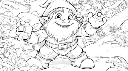 Whimsical Gnome in Forest - Detailed Line Art for Creative Coloring Fun