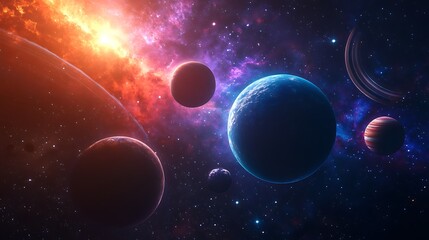 Vibrant solar system with colorful planets, sun, and cosmic nebula in deep space


