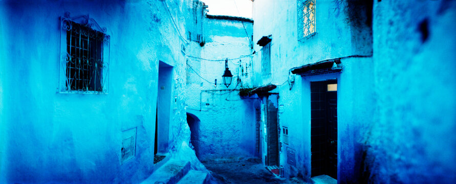 Panoramic view of the narrow streets of the medina painted blue, Chefchaouen, Morocco.