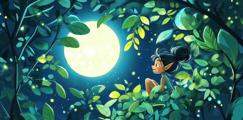 A young forest sprite gazes upon the bright full moon tonight