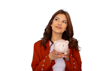 Businesswoman holding piggy bank thinking about savings with transparent background