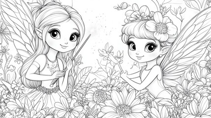 Two Cartoon Fairies with Magic Wands Amidst a Detailed Flower Garden