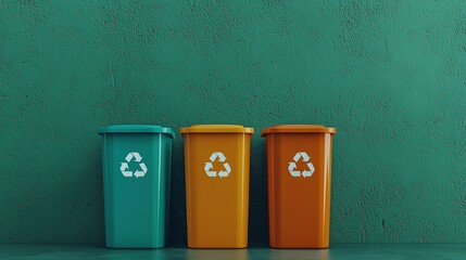 Minimalist garbage sorting station with three colorful recycling bins
