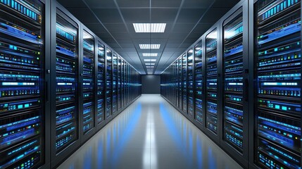 Advanced server room data center with high-tech equipment and illuminated racks