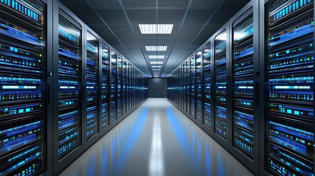 Advanced server room data center with high-tech equipment and illuminated racks - Powered by Adobe