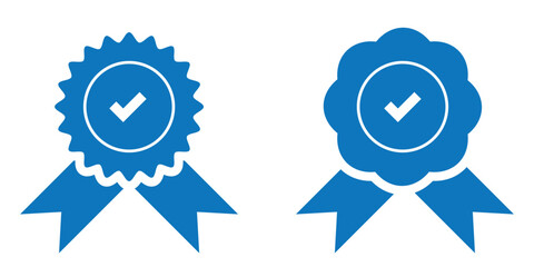 certified medal icon check mark symbol, premium quality icon sign - Approval badge ribbon icon tick mark symbol