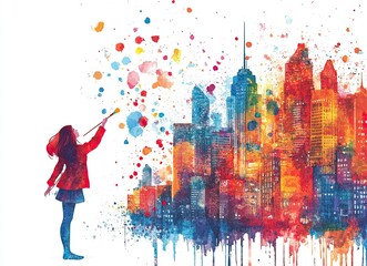 A whimsical watercolor illustration of an artistic woman, dressed in vibrant red and blue hues