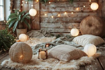 Capturing the Holiday Magic: A Cozy Winter Photoshoot with Rustic Wooden Backdrop, Faux Fur Blankets, and Twinkling String Lights