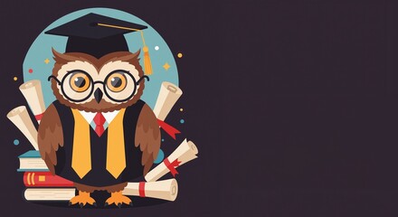 Obraz premium Graduation owl in cap and gown with glasses conveying a fun and celebratory mood surrounded by books and scrolls against a dark background