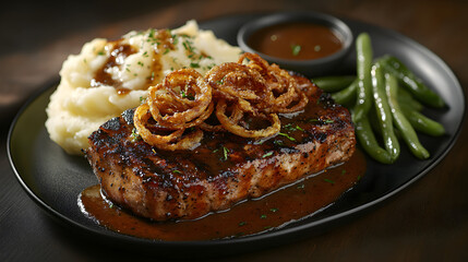 Steak dinner with mashed potatoes