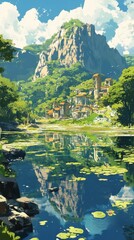 A scenic landscape depicting a mountain overlooking a serene lake