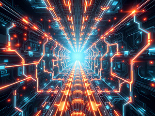 Obraz premium Futuristic Network Design: Glowing Electric Circuitry, Cyberpunk Aesthetics, 3D Hyper-Realistic Texture, Immersive Depth in 8K Resolution