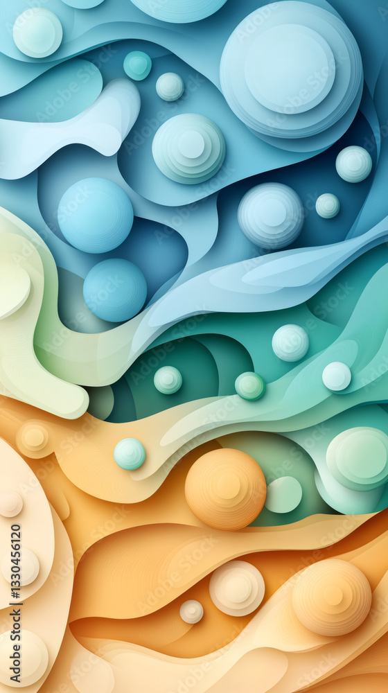 Poster layered paper cut revealing dynamic abstract background, featuring flowing shapes and vibrant sphere