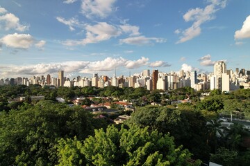 Naklejka premium Skyline of Sao Paulo with lush greenery in the foreground during daylight