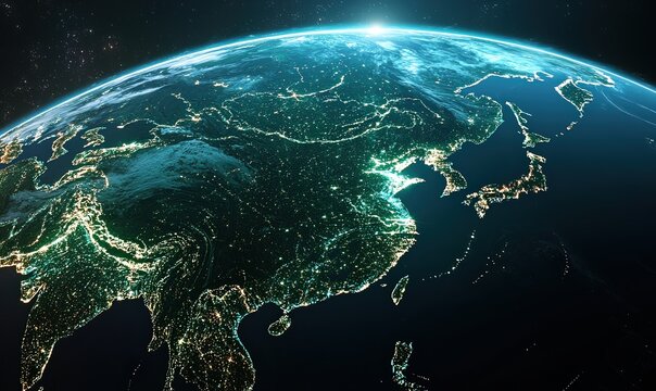 View of Earth from space featuring the People's Republic of China illuminated at night