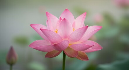 Pink Lotus Flower Blooming in Peaceful Garden Setting with Soft Light