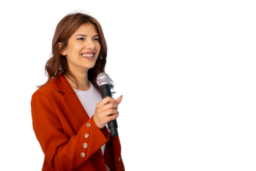 Smiling presenter speaking with microphone on transparent background