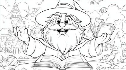 Obraz premium Cartoon Wizard Apprentice with Spellbook in Magical Castle Setting - Black and White Line Art