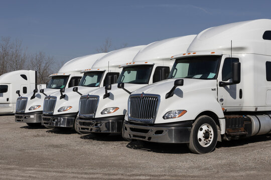 Navistar International Semi Tractor Trailer Truck display at a dealership. Navistar International is subsidiary of Traton.