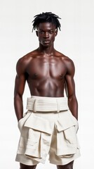 Fototapeta premium Shirtless African Male Model Poses with Hands in Pockets Wearing Cream Cargo Shorts with Wide Belt Against a Plain White Background in a Studio Set...