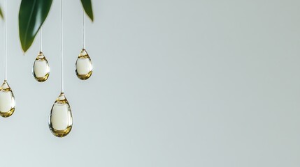 Drops hanging from leaves, light background, beauty use