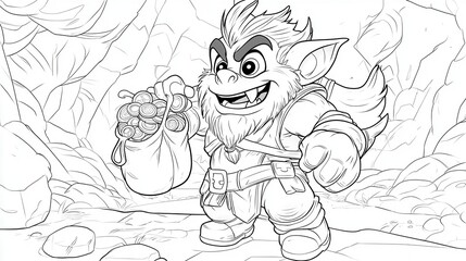 Goblin glee: A jovial goblin guards his treasure trove in a cave, illustrated with bold lines in a coloring page style.