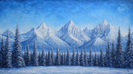 Fototapeta premium Snowy mountain range with pine trees (1)