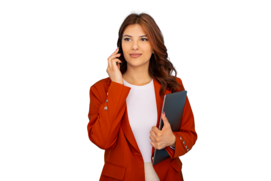 Businesswoman talking on phone holding laptop with transparent background