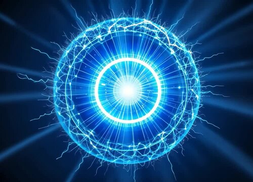 Blue Energy Circle Plasma Ball Formed By Electric Light And Bright Neon Blue. 4k