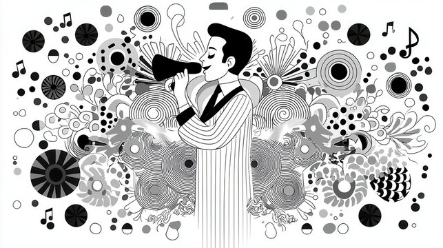 Illustration of a Stylish Crooner Singing with Vintage Microphone amid Abstract Decorative Elements