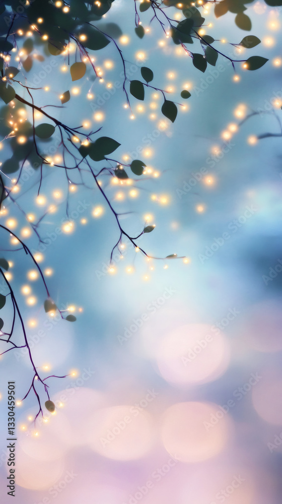 Poster soft fairy lights twinkling along wooden branch, casting enchanting glow and creating intimate holid