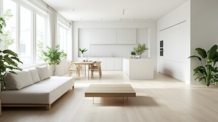 A sleek and minimalist living room and kitchen with pale white walls and light oak flooring