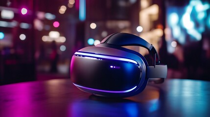 Virtual Reality Headset on Reflective Surface with Blurred Background