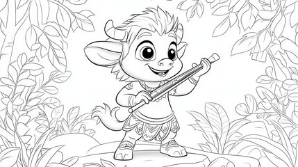 Fototapeta premium Whimsical Satyr in Jungle - Cartoon Character with Flute for Coloring and Creative Projects