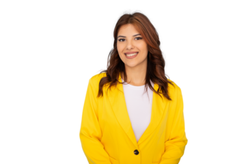 Smiling businesswoman wearing yellow jacket on transparent background