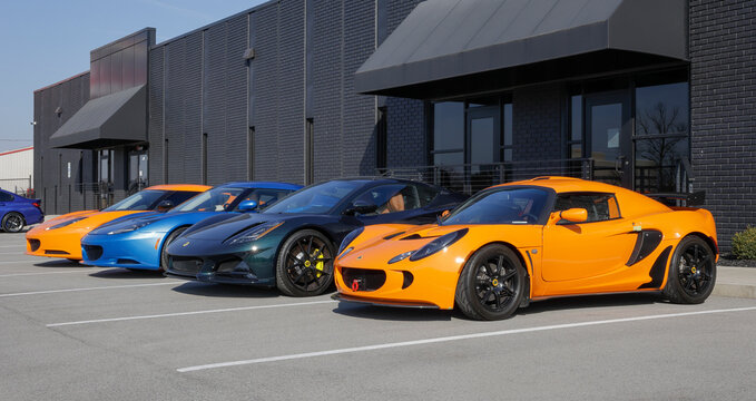 Lotus Cars sportscar display at a dealership. Lotus is a manufacturer of luxury sports cars and electric vehicles.