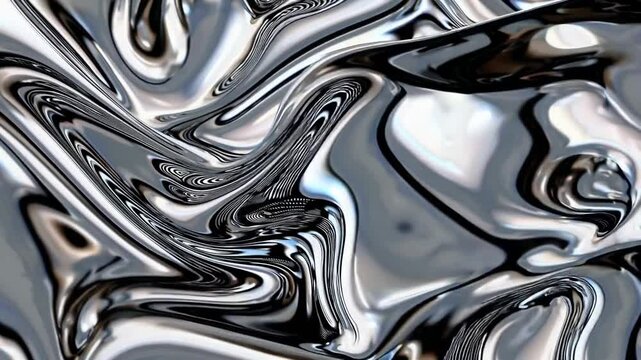 A dynamic liquid metallic silver abstract texture with smooth, reflective swirls and fluid motion creating a mesmerizing visual effect with high contrast and depth
