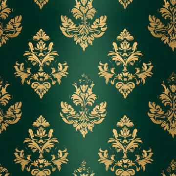 Elegant Luxurious Damask Pattern with Rich Gold Ornaments on Deep Green Background for Sophisticated Interior Design and Textile Projects