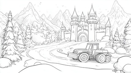 Snowplow Truck Clearing Road to Ice Castle in Snowy Mountain Landscape- Detailed Line Art