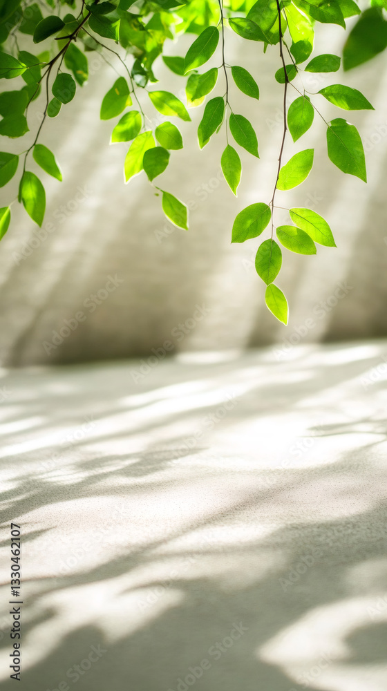 Aufkleber verdant foliage casting dappled shadows on textured surface, sunlight filtering through leafy branch