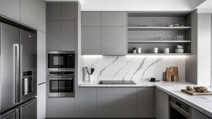 Fototapeta premium A sleek kitchen with cool gray cabinets, stainless steel appliances, and a marble countertop with white and gray veining